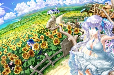 What a beautiful day - sky, sunflowers, pigtail, trees, roses, sheep, clouds, anime, owl, house, sexy, anime girls, landscape, blue eyes, long hair, blue hair, animal, flowers, sea, lights, dress