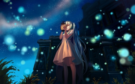 Hatsune miku - anime, vocaloid, dress, hatsune miku, lamp, night, magical, long hair, stars, closed eyes, sky, moon, anime girl, beautiful, fireflies, beauty, white dress, fantasy, lights, aqua hair