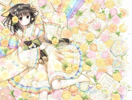 Flower spirit - beauty, roses, brown eyes, anime girl, brown hair, spirit, anime, ribbon, short hair, cute, animal ears, cat, neko girl, candy, beautiful, books, sweet, flowers, dress