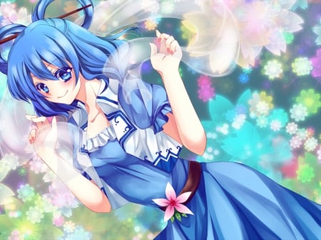 Seiga Kaku - anime, female, touhou project, dress, short hair, Seiga Kaku, touhou, blue hair, blue eyes, anime girl, beautiful, blue dress, slowers, beauty, colorful, lights, cute