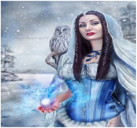 ~La Reine des Neiges~ - pretty, creative pre-made, snow, photomanipulation, snow queen, beautiful girls, winter, softness beauty, la reine des neiges, backgrounds, digital art, weird things people wear, lovely, glass ball, girls, owl, fantasy, lady, model