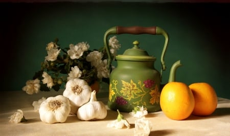 *** Still life *** - nature, fruits, pot, garlik, oranges