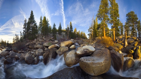 fabulous fish eye view of river - fish eye, stream, trees, rocks