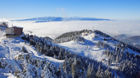 ski lifts on wintry mountains - ski lifts, clouds, forests, mountains