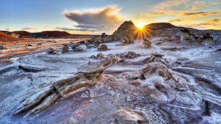 desert on a frosty winter morning hdr - frost, winter, desert, hdr, sunrise, rocks