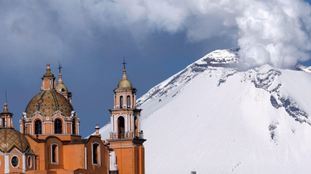 lovely church near popocatepetl volcano in mexico - steam, volcano, snow, church, mountain