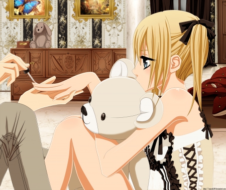 Vampire Knight - pretty, anime, beautiful, dress, girl, blonde, room, beauty, sweet, black, white, nails, teddy bear, cute