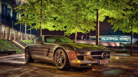 mercedes sls in front of a merc dealership hdr