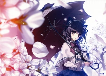 Sweet Neko Girl - beauty, black, white, purple, pretty, umbrella, petals, anime, cute, neko, cat, girl, kitty, lovely, blue, beautiful, pink, tie, sweet, flowers, dress