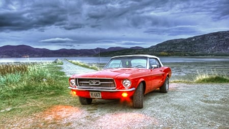 ford mustang convertible hdr - car, convertible, lights, hdr, lake, dusk