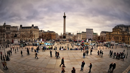 fish eye view of trafalgar square in london - fish eye, square, people, monument, view, city