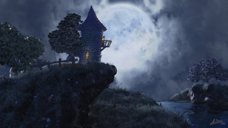 Full moon - halloween, dark, night, blue, tower, sky, fantasy, full moon, house