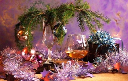 Happy Holiday - season, glasses, photography, wine, glowing, globes, arrangement, holiday, tree, gifts, ornaments, drink, winter, christmas, glow, abstract, garlands