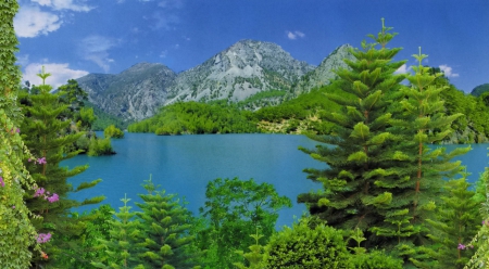 Emerald lake - pretty, trees, blue, beautiful, lovely, reflection, mountain, shore, nature, green, peak, cliffs, lake, nice, emerald, sky