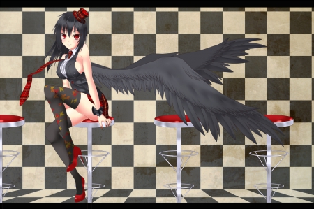 Black Angel - pretty, anime, angel, squares, bar, short hair, red, art, beautiful, girl, beauty, lovely, sweet, black, white, wings, cute, sexy