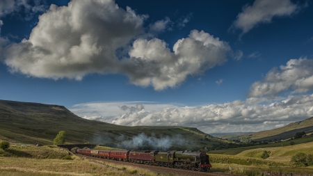 the wonderful waverley steam engine - clouds, countryside, steam, train, track