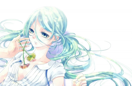 Beauty Girl - pretty, cute, beauty, beautiful, flowers, sweet, anime, girl, blue, white, long hair, lovely, hands