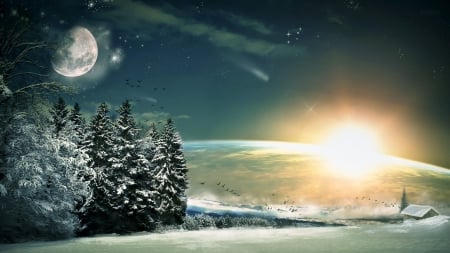 Wonderland - moon, fantasy, artwork, landscape, snow, stars, sun, meteors