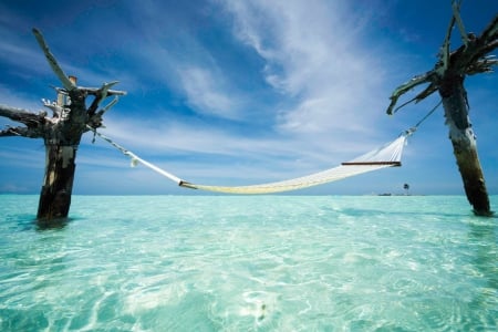 Hammock Over Lagoon - ocean, turquoise, aqua, islands, hammock, paradise, water, tropical, clear, exotic, blue, lagoon, island, sea