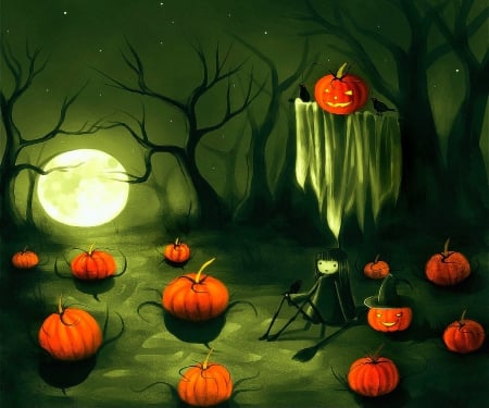 Spooky Pumpkins - attractions in dreams, pumpkins, creative pre-made, dry trees, halloween pump, night, ghost halloween, drawings, spooky, holiday, horror, October 31st, halloween, most downloaded, lamps, ghost, paintings, girl, digital art, weird things people wear, ravens, moons, macabre, halloween pumpkins, crows, love four seasons, spirits