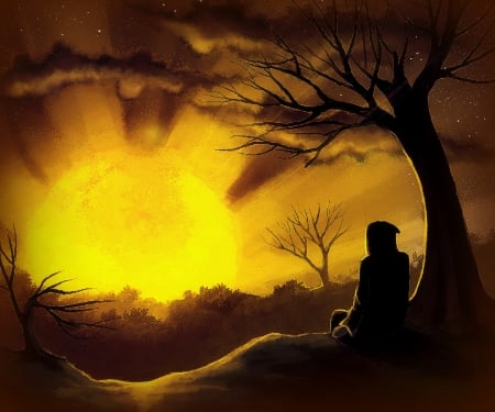 Lonely Sunset - scenery, attractions in dreams, creative pre-made, paintings, digital art, dry trees, weird things people wear, fall season, drawings, sunsets, holiday, autumn, halloween, landscapes, October 31st, love four seasons