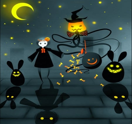 Funny in Halloween - attractions in dreams, pumpkins, creative pre-made, crescent moon, drawings, spooky, holiday, horror, October 31st, halloween, most downloaded, draw and paint, hat, ghost, paintings, digital art, weird things people wear, macabre, funny, candies, love four seasons, spirits