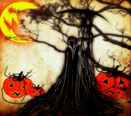 Creepy in Halloween - spooky, trees, reaper, pumpkins, halloween, spirits, creepy