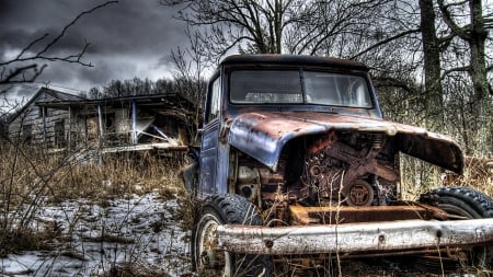 jeep that has seen better days hdr - hdr, abandoned, old, shack, clouds, wreck, truck, yard, house, ruins