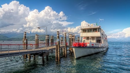 ferryboat docked on lake maggiore italy hdr - clouds, docks, ferryboat, hdr, lake