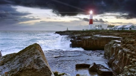 bright light lighthouse on a rough seashore - clouds, shore, lighthouse, waves, sea, light