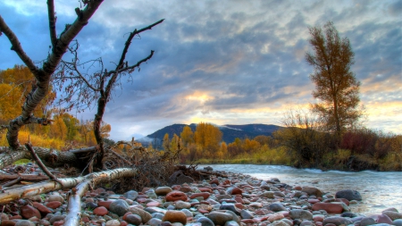 beautiful stones on a river shore hdr - trees, sundown, river, stones, shore, mountains