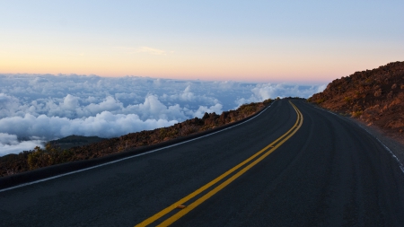 blacktop above the clouds - highway, blacktop, mountain, clouds