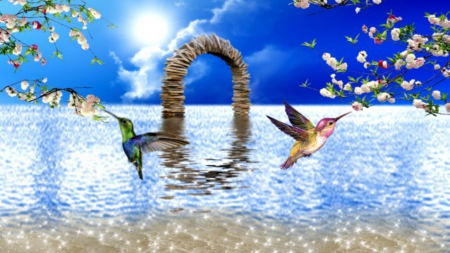 ~*~ Beyond The Horizon ~*~ - suny day, hummingbirds, flowers, beach, blue sky, ocean