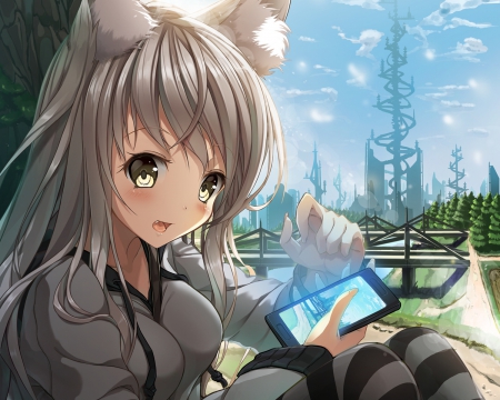 foxgirl having fun in her tour - long hair, town, cute girl, beautiful, foxgirl, phone, pretty eyes, anime