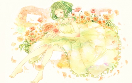 the beautiful flower Gumi - vocaloid, verde dress, flowers, short hair, gumi megpoid, anime idol, cute girl