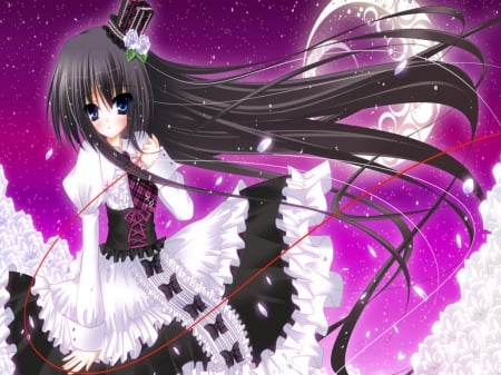 sweet & lovely girl - dark hair, anime girl, sweet little girl, hair band, long hair, flowers, pretty girl, cute girl, ribbon