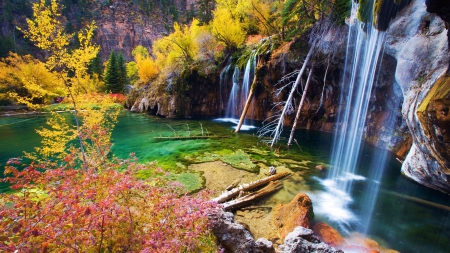 Waterfall - autumn, trees, bush, water, leaves, colors, creek