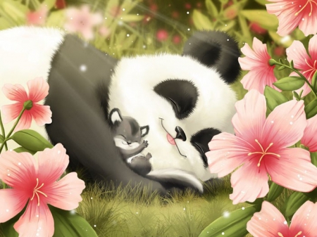 Cute Panda and Cub - cub, panda, grass, pink, flowers, cute, hibiscus, sleeping, smiling