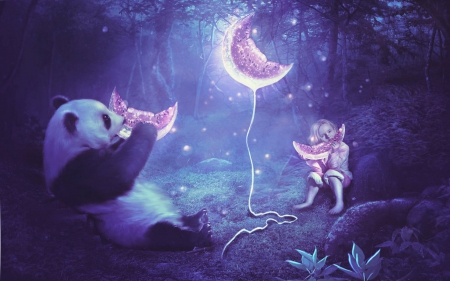 Magical Melons - glitter, melons, girl, forest, blue, night, panda, fantasy