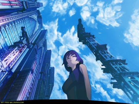 City in the sky - clouds, house, anime, anime girl, birds, beautiful, dress, beauty, city, long hair, purple eyes, black dress, purple hair, sky