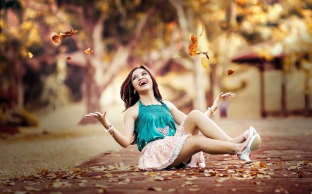 Happy - Happy, girl, women, leaf