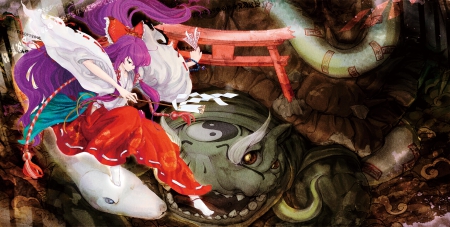 Reimu Hakurei - beauty, anime girl, fantasy, reimu hakurei, miko, cool, beautfil, anime, kimono, purple eyes, monster, magical, sad, long hair, purple hair, turtle, snake, beautiful, weapon