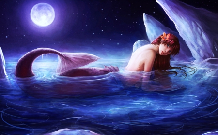 Moonlight Mermaid - woman, serene, girl, wallpaper, lovely, fantasy, art, beautiful, mermaid, blue, digital