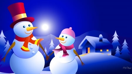 Bright Winter Night - moon, house, snowman, winter, blue, whimsical, snow, smiles, happy, cute, Christmas, cottage, sky