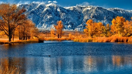 Autumn lakeshore - calm, quiet, blue, majestic, amazing, reflection, crystal, mountain, shore, cliffs, lake, nice, sky, trees, beautiful, slope, lovely, peaks, nature, clear, serenity, rocks