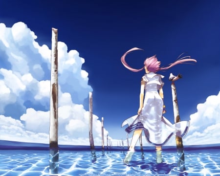 Akari Mizunashi - beauty, sky, air, akari mizunashi, aria the animation, long hair, pink hair, water, white dress, anime girl, clouds, beautiful, anime, sea, dress