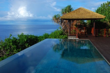 Dream Pool with Ocean View - beach, islands, ocean, swimming, pool, view, dream, sunset, exotic, paradise, tropical, blue, sand, lagoon, island, sea, green