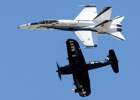 Hornet and Corsair at Play - fighter, jet, wing, air, military, firepower, plane, aircraft, force, missile, bomber