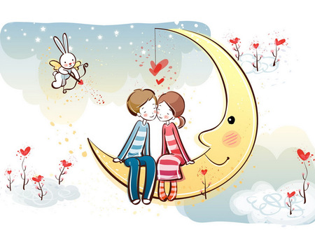 Love on the moon - moon, bow and arrow, rabbit cupid, lovers, hearts