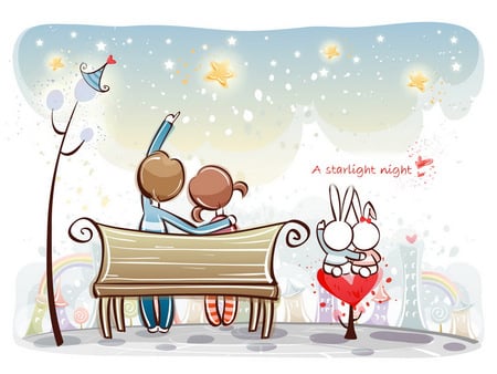 A Starlight Night - 2 rabbits hugging, lamp post, bench, night, stars, couple, lovers, sky